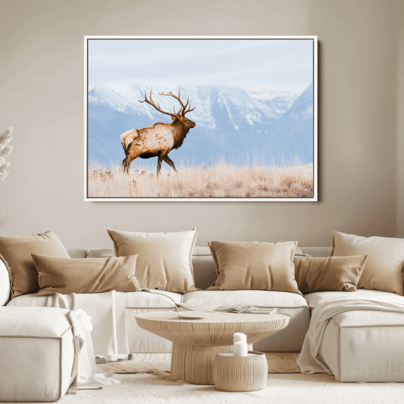 96024025-MGV-FC-36X24_White-Elk Photography Wall Art Canvas Print, Framed Mountain Wildlife Art Picture Print, Rustic Lodge Decor Perfect Rustic Lodge Decor