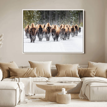 22695857-MGV-FC-36X24_White-Bison Herd Scene Wall Art Canvas Print, Framed Western Wildlife Art Picture Print, Rustic Animal Art Perfect Rustic Lodge Decor