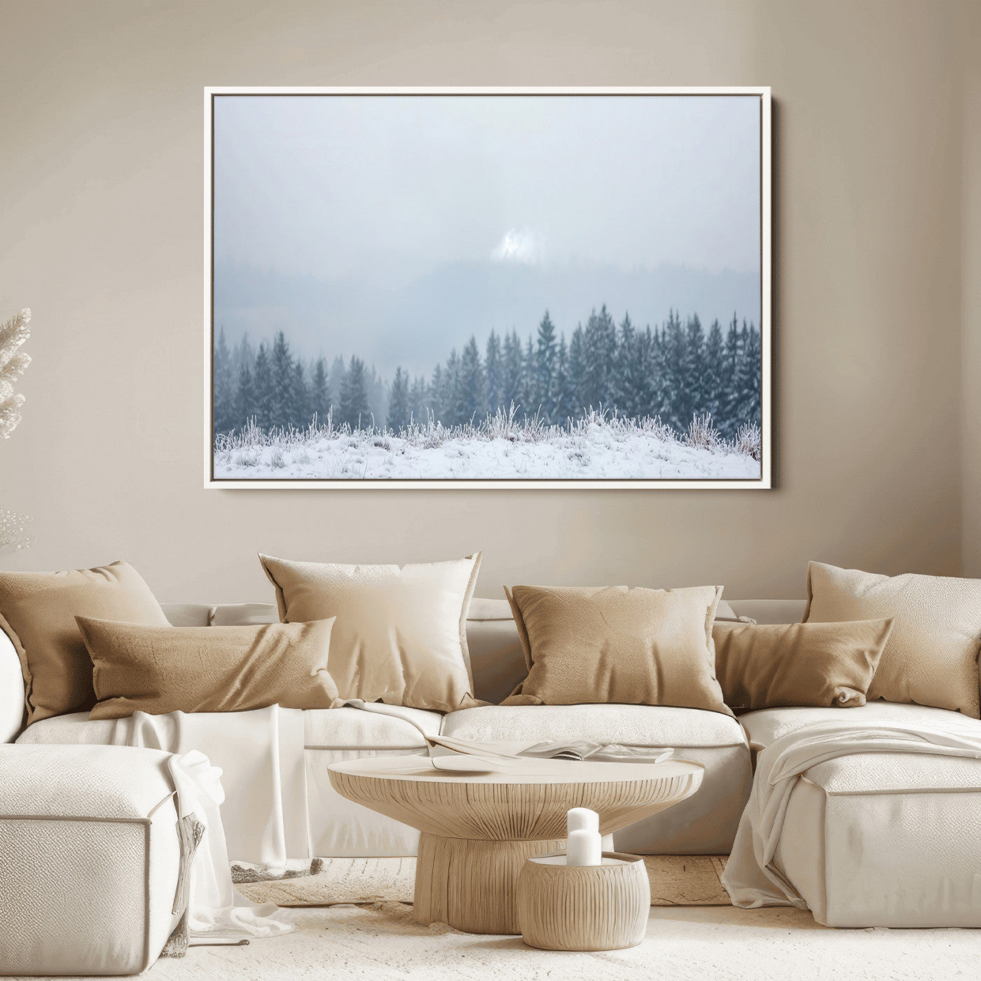 33033082-MGV-FC-36X24_White-Winter Forest Art Wall Art Canvas Print, Framed Snowy Landscape Art Picture Print, Misty Tree Scene Perfect Nordic Minimalist
