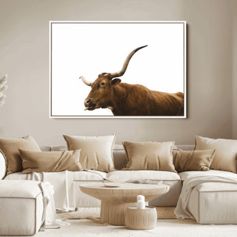 62566114-MGV-FC-36X24_White-Longhorn Cow Art Wall Art Canvas Print, Framed Rustic Animal Decor Art Picture Print, Texas Bull Photo Perfect Rustic Farmhouse