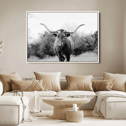 97280319-MGV-FC-36X24_White-Longhorn Photography Wall Art Canvas Print, Framed Western Cow Decor Art Picture Print, Texas Ranch Style Perfect Rustic Farmhouse