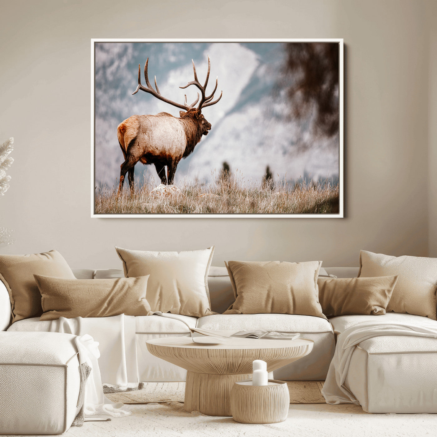 70489411-MGV-FC-36X24_White-Elk Photography Wall Art Canvas Print, Framed Mountain Wildlife Art Picture Print, Rustic Nature Decor Perfect Rustic Lodge Decor