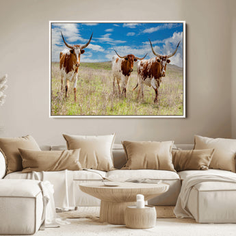 58099948-MGV-FC-36X24_White-Texas Longhorn Wall Art Canvas Print, Framed Western Decor Art Picture Print, Rustic Farmhouse Perfect Western Farmhouse Decor