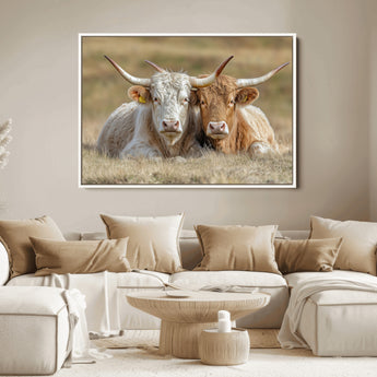53388593-MGV-FC-36X24_White-Cow Photography Wall Art Canvas Print, Framed Rustic Animal Decor Art Picture Print, Texas Cow Pair Perfect Western Farmhouse