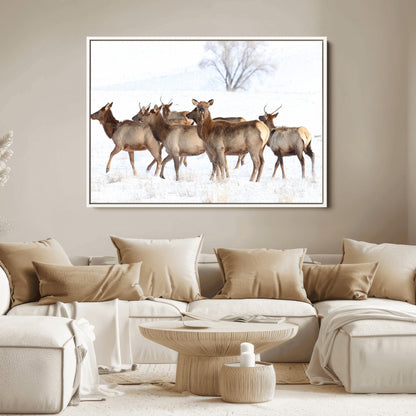 68738684-MGV-FC-36X24_White-Winter Elk Scene Wall Art Canvas Print, Framed Wildlife Photography Art Picture Print, Snowy Deer Decor Perfect Rustic Lodge Decor