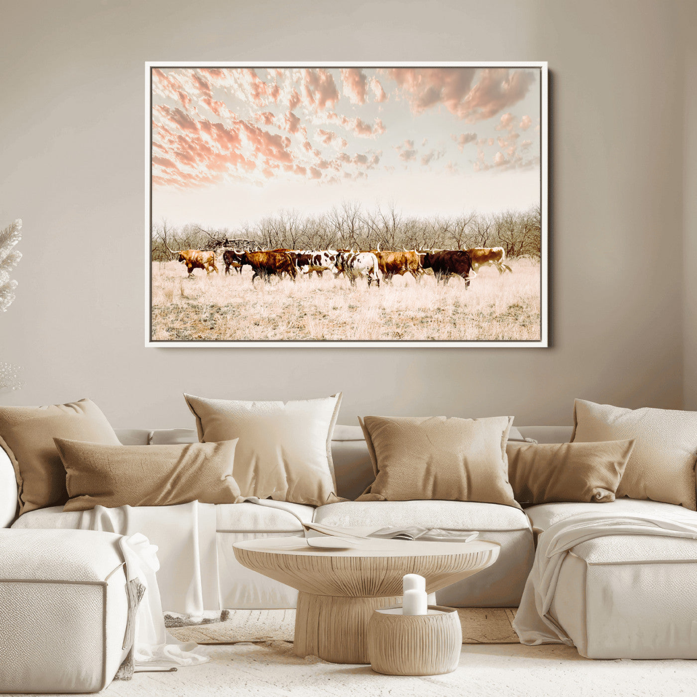 43704663-MGV-FC-36X24_White-Country Cow Herd Wall Art Canvas Print, Framed Farmhouse Cattle Scene Art Picture Print, Rustic Ranch Decor Perfect Rustic