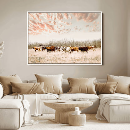 43704663-MGV-FC-36X24_White-Country Cow Herd Wall Art Canvas Print, Framed Farmhouse Cattle Scene Art Picture Print, Rustic Ranch Decor Perfect Rustic
