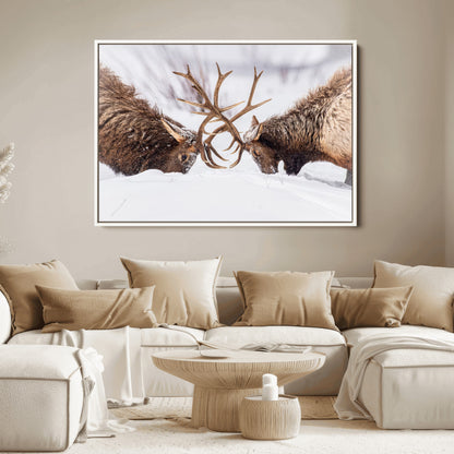 36507609-MGV-FC-36X24_White-Elk Clash Scene Wall Art Canvas Print, Framed Wildlife Strength Decor Art Picture Print, Snowy Forest Elk Perfect Rustic Lodge