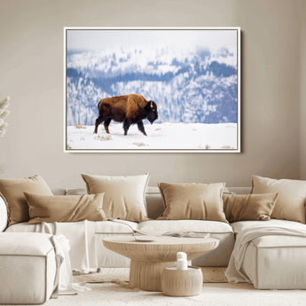58512275-MGV-FC-36X24_White-Cowboy Aesthetic Wall Art Canvas Print, Framed Neutral Animal Theme Art Picture Print, Bison Ranch Style Perfect Rustic Western