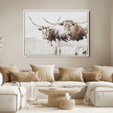 48161868-MGV-FC-36X24_White-Longhorn Cow Decor Wall Art Canvas Print, Framed Rustic Cattle Art Picture Print, Sepia Western Vibe Perfect Neutral Rustic