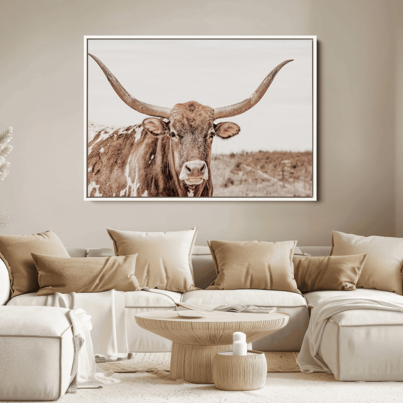 77810049-MGV-FC-36X24_White-Longhorn Bull Photo Wall Art Canvas Print, Framed Rustic Cow Decor Art Picture Print, Neutral Farmhouse Style Perfect Rustic
