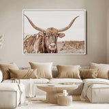 77810049-MGV-FC-36X24_White-Longhorn Bull Photo Wall Art Canvas Print, Framed Rustic Cow Decor Art Picture Print, Neutral Farmhouse Style Perfect Rustic