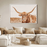 74406977-MGV-FC-36X24_White-Longhorn Bull Decor Wall Art Canvas Print, Framed Western Cow Theme Art Picture Print, Rustic Farmhouse Wall Perfect Neutral