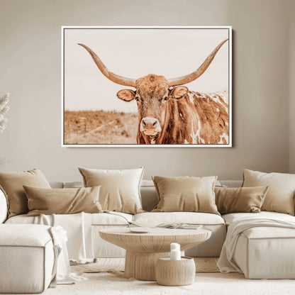 74406977-MGV-FC-36X24_White-Longhorn Bull Decor Wall Art Canvas Print, Framed Western Cow Theme Art Picture Print, Rustic Farmhouse Wall Perfect Neutral