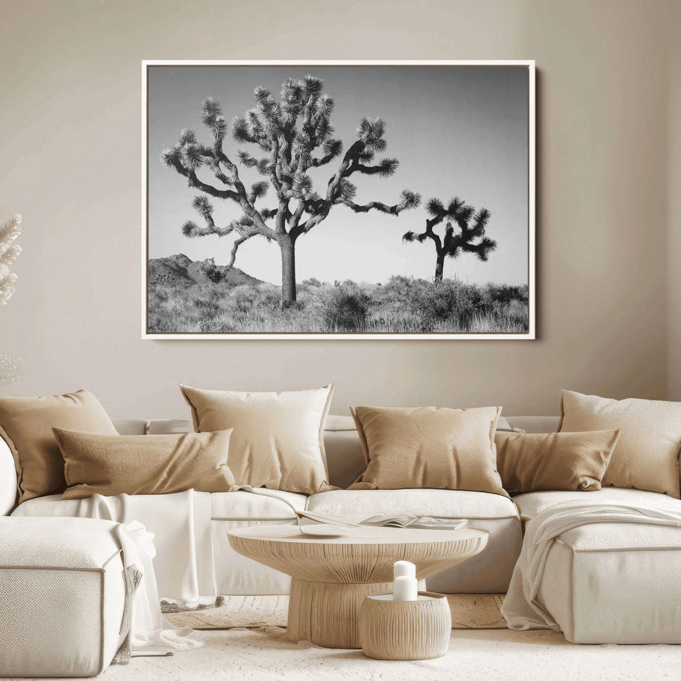 93692513-MGV-FC-36X24_White-Joshua Tree Wall Art Canvas Print, Framed Monochrome Desert Art Picture Print, Minimalist Nature Scene Perfect Southwestern
