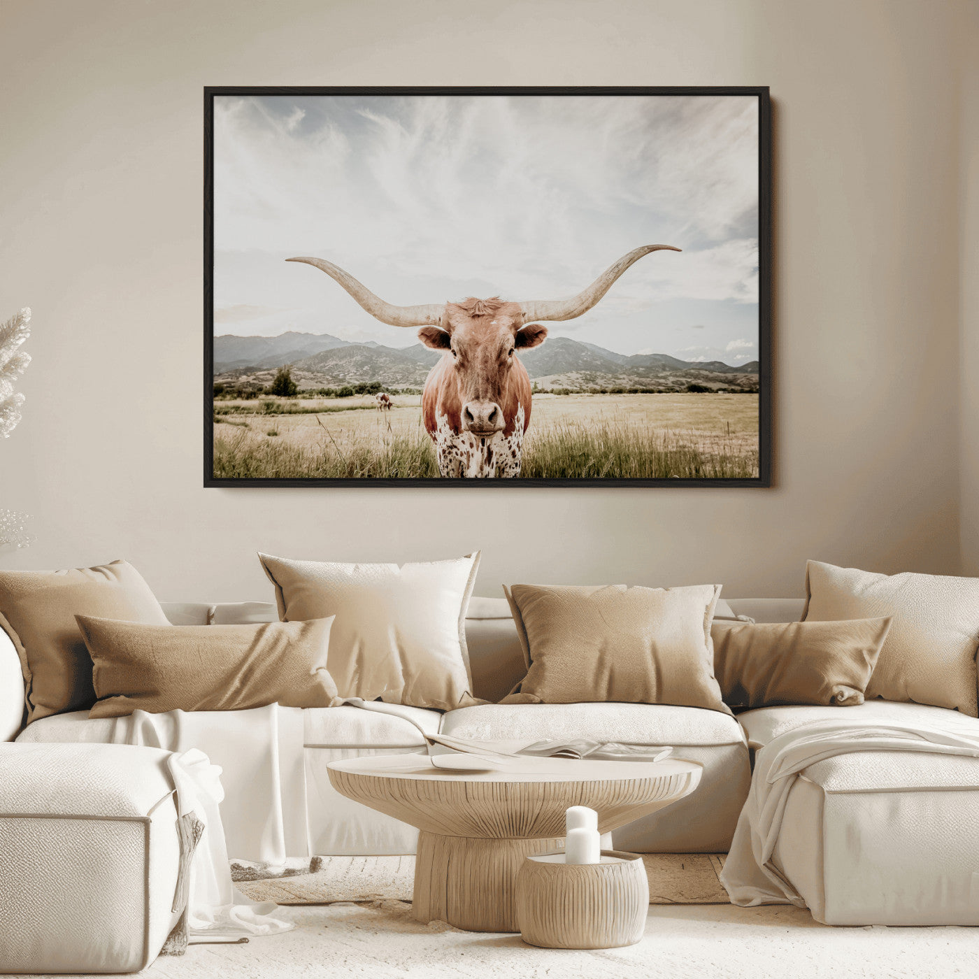 80054319-MGV-FC-36X24_Black-Texas Longhorn Wall Art Canvas Print, Framed Western Cow Art Picture Print, Rustic Farmhouse Perfect Farmhouse Decor Artwork