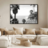 89458520-MGV-FC-36X24_Black-Palm Trees Wall Art Canvas Print, Framed Coastal View Art Picture Print, Ocean Horizon Perfect Monochrome Coast Decor Artwork