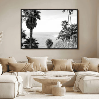 89458520-MGV-FC-36X24_Black-Palm Trees Wall Art Canvas Print, Framed Coastal View Art Picture Print, Ocean Horizon Perfect Monochrome Coast Decor Artwork