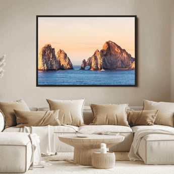 72996116-MGV-FC-36X24_Black-El Arco Wall Art Canvas Print, Framed Cabo Rocks Art Picture Print, Ocean Arch Perfect Golden Coastal Landmark Decor Artwork