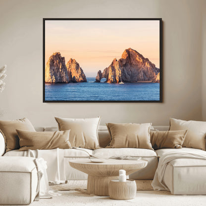 72996116-MGV-FC-36X24_Black-El Arco Wall Art Canvas Print, Framed Cabo Rocks Art Picture Print, Ocean Arch Perfect Golden Coastal Landmark Decor Artwork