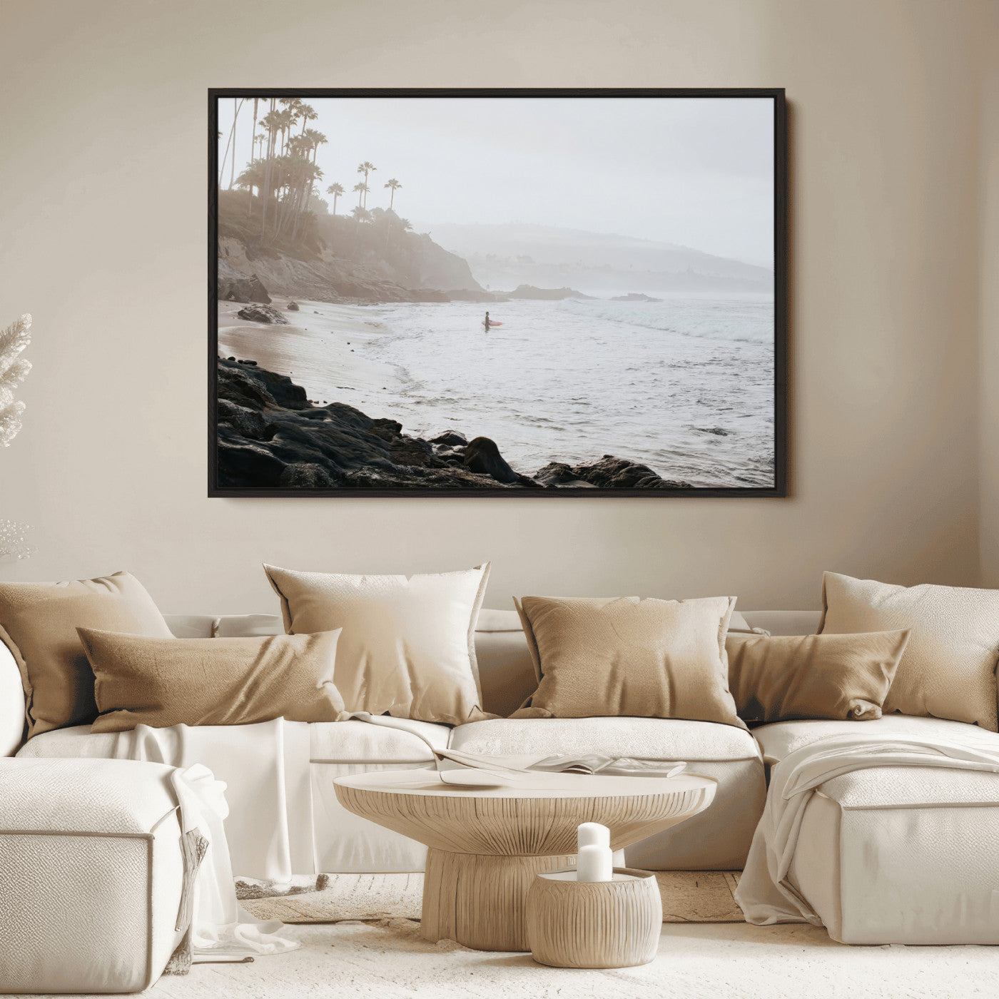 62501405-MGV-FC-36X24_Black-Misty Beach Wall Art Canvas Print, Framed California Surfer Art Picture Print, Coastal Cliff Perfect Coastal Beach Decor Artwork