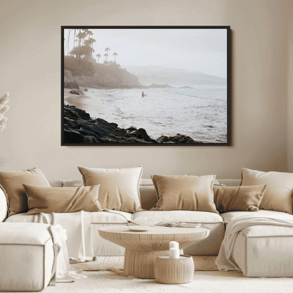 62501405-MGV-FC-36X24_Black-Misty Beach Wall Art Canvas Print, Framed California Surfer Art Picture Print, Coastal Cliff Perfect Coastal Beach Decor Artwork