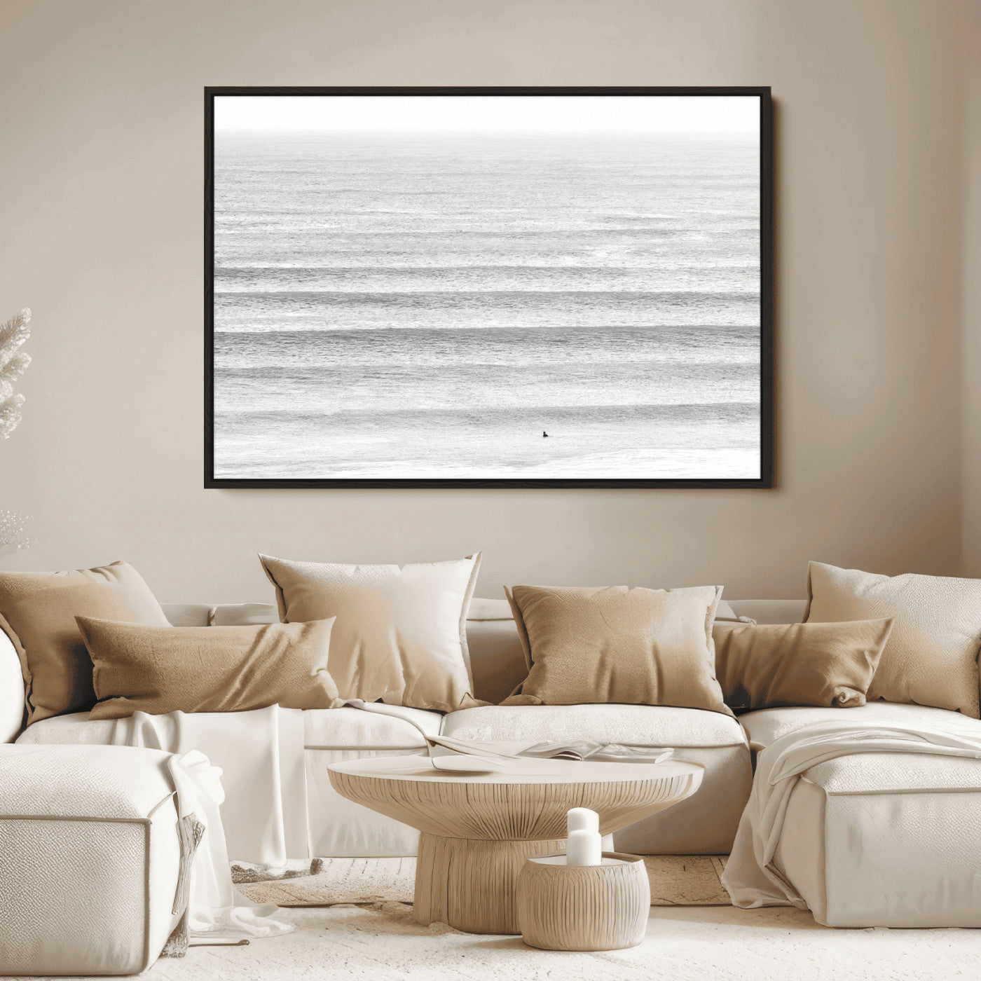 66534476-MGV-FC-36X24_Black-Lone Surfer Wall Art Canvas Print, Framed Ocean Waves Art Picture Print, Minimal Sea Perfect Minimal Coastal Decor Artwork
