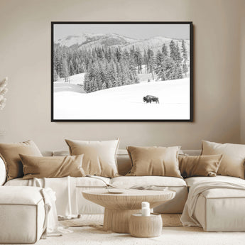 68081143-MGV-FC-36X24_Black-Snowy Bison Wall Art Canvas Print, Framed Winter Forest Art Picture Print, Lone Bison Perfect Monochrome Winter Wild Decor Artwork