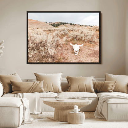 97234735-MGV-FC-36X24_Black-Rustic Bones Wall Art Canvas Print, Framed Desert Sage Art Picture Print, Prairie Skull Perfect Minimal Rustic Decor Artwork