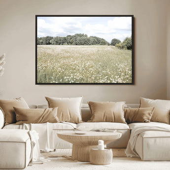 43258946-MGV-FC-36X24_Black-Daisy Field Wall Art Canvas Print, Framed Pastel Flower Art Picture Print, Meadow Bloom Perfect Scandinavian Minimalist Decor