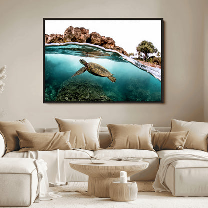 44200301-MGV-FC-36X24_Black-Sea Turtle Swim Wall Art Canvas Print, Framed Ocean Life Art Picture Print, Tropical Shoreline Perfect Tropical Coastal Decor
