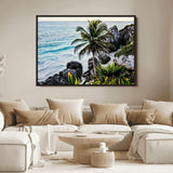 94669907-MGV-FC-36X24_Black-Tropical Coastline Wall Art Canvas Print, Framed Palm Tree Art Picture Print, Rocky Beach Perfect Tropical Coastal Decor Artwork