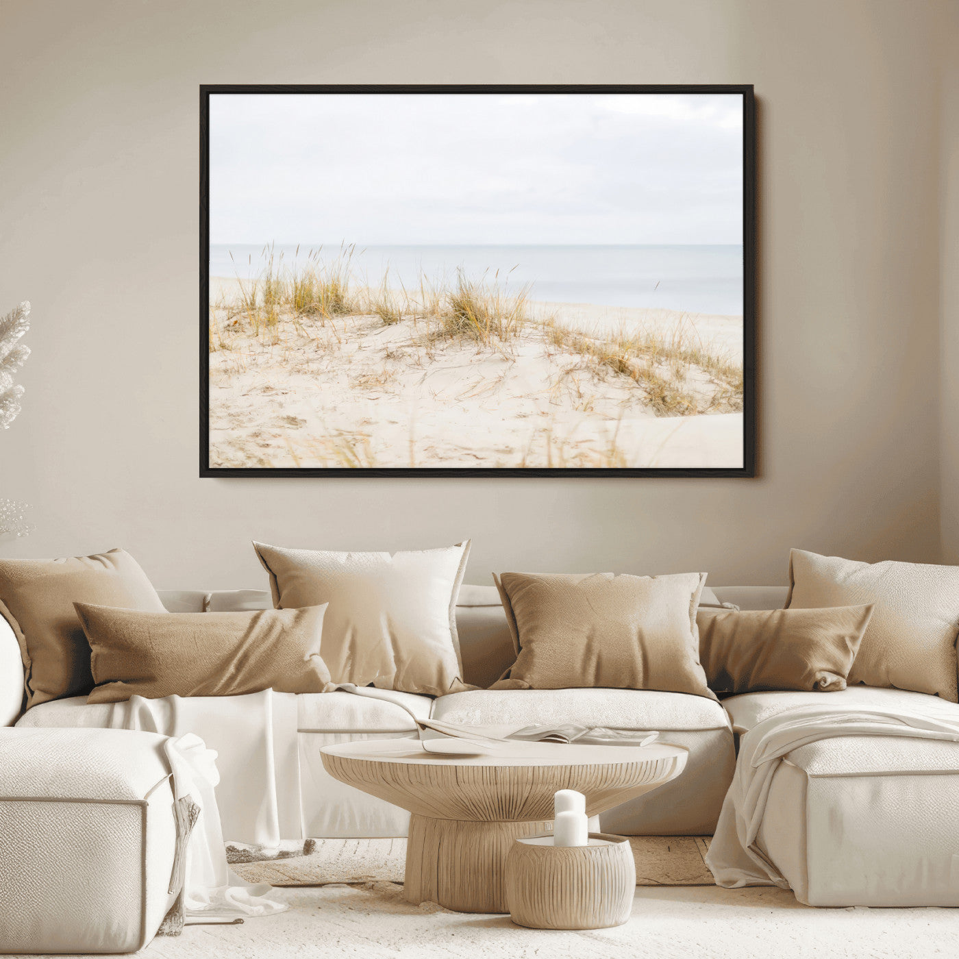13146857-MGV-FC-36X24_Black-Beach Dunes Wall Art Canvas Print, Framed Soft Horizon Art Picture Print, Coastal Grass Perfect Minimalist Coastal Decor Artwork