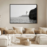 52284302-MGV-FC-36X24_Black-Cliff Jumping Wall Art Canvas Print, Framed Ocean Adventure Art Picture Print, Black White Coast Perfect Modern Coastal Decor