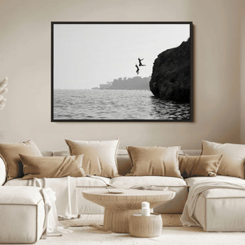 52284302-MGV-FC-36X24_Black-Cliff Jumping Wall Art Canvas Print, Framed Ocean Adventure Art Picture Print, Black White Coast Perfect Modern Coastal Decor