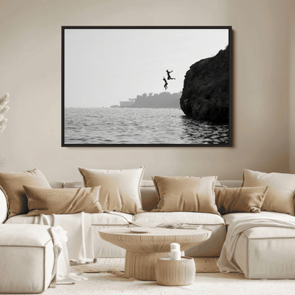 52284302-MGV-FC-36X24_Black-Cliff Jumping Wall Art Canvas Print, Framed Ocean Adventure Art Picture Print, Black White Coast Perfect Modern Coastal Decor