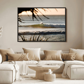 24896468-MGV-FC-36X24_Black-Sunset Surf Wall Art Canvas Print, Framed Golden Waves Art Picture Print, Tropical Ocean Perfect Tropical Boho Decor Artwork