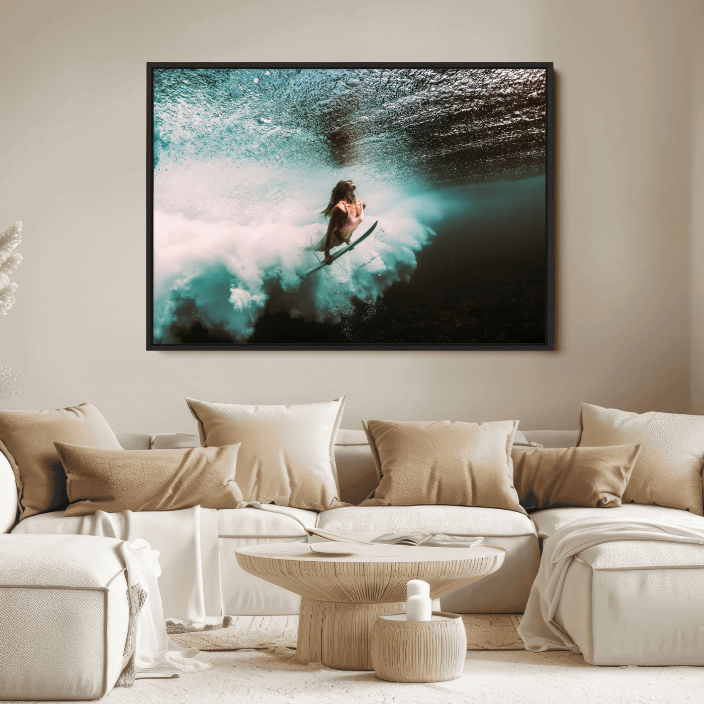 85923512-MGV-FC-36X24_Black-Aquatic Motion Wall Art Canvas Print, Framed Underwater Swimming Art Picture Print, Female Surfer Diving Perfect Coastal Boho
