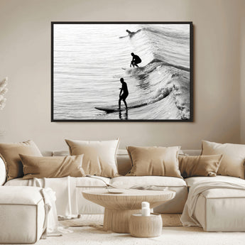 19875284-MGV-FC-36X24_Black-Surfer Waves Wall Art Canvas Print, Framed Black White Surf Art Picture Print, Monochrome Ocean Perfect Modern Coastal Decor