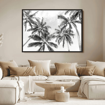 62113786-MGV-FC-36X24_Black-Black White Palm Wall Art Canvas Print, Framed Monochrome Tropics Art Picture Print, Minimalist Beach Perfect Coastal Minimalist