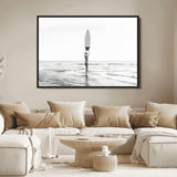 98446901-MGV-FC-36X24_Black-Monochrome Surf Wall Art Canvas Print, Framed Minimalist Surfer Art Picture Print, Surfboard Silhouette Perfect Coastal Minimalist