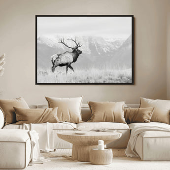 62278753-MGV-FC-36X24_Black-Monochrome Elk Wall Art Canvas Print, Framed Mountain Wildlife Art Picture Print, Rustic Nature Perfect Rustic Minimalist Decor