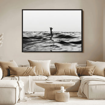 69541918-MGV-FC-36X24_Black-Black White Ocean Wall Art Canvas Print, Framed Moody Seascape Art Picture Print, Surfer Sign Perfect Moody Minimalist Decor