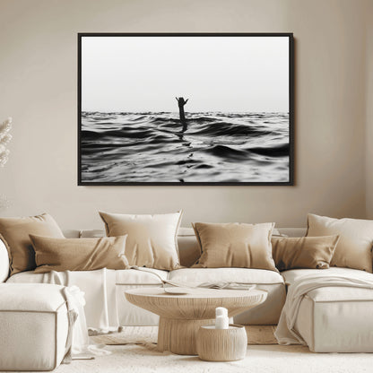 69541918-MGV-FC-36X24_Black-Black White Ocean Wall Art Canvas Print, Framed Moody Seascape Art Picture Print, Surfer Sign Perfect Moody Minimalist Decor