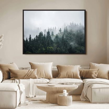 84146572-MGV-FC-36X24_Black-Foggy Pine Trees Wall Art Canvas Print, Framed Forest Nature Art Picture Print, Evergreen Forest Perfect Scandinavian Minimalist
