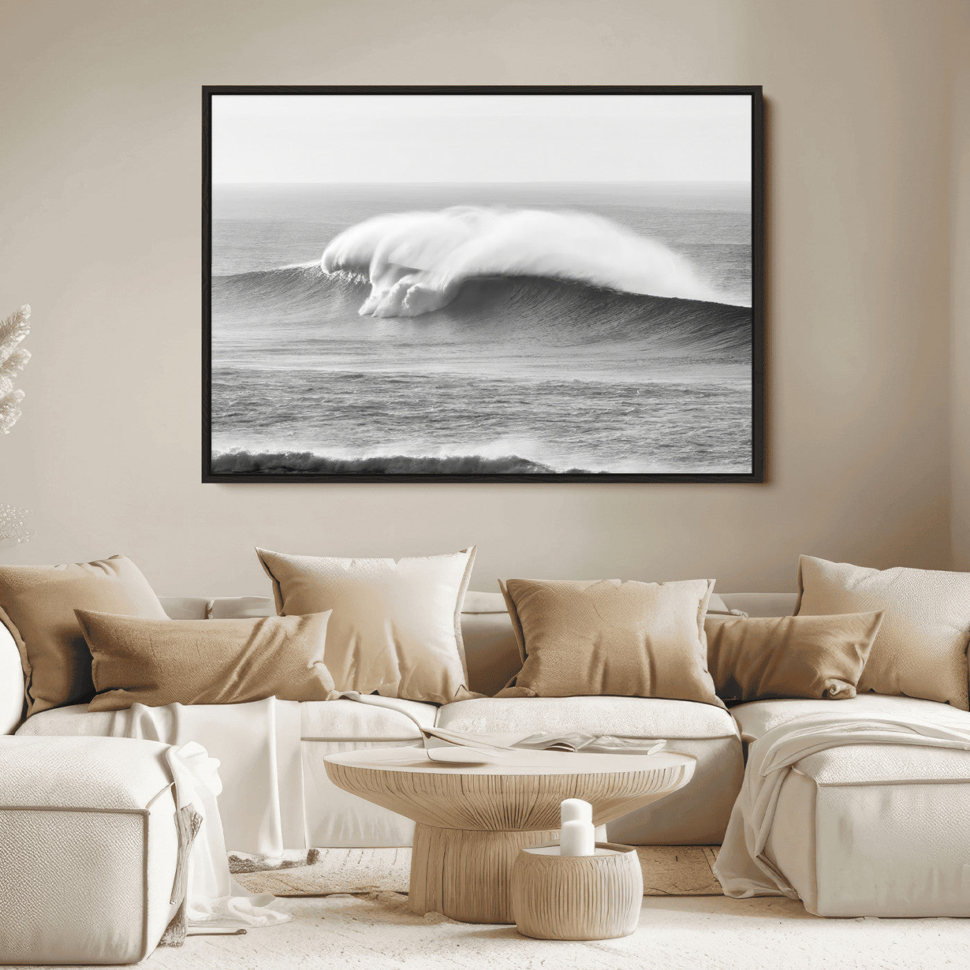 42544082-MGV-FC-36X24_Black-Monochrome Seascape Wall Art Canvas Print, Framed Surf Wave Art Picture Print, Minimalist Ocean Perfect Moody Coastal Decor
