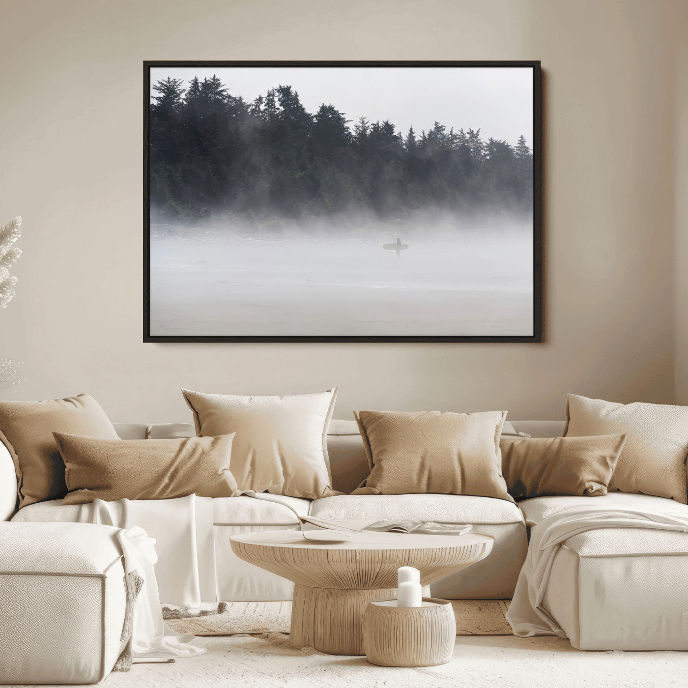 59703275-MGV-FC-36X24_Black-Surfer in Fog Wall Art Canvas Print, Framed Foggy Beach Art Picture Print, Coastal Surf Perfect Moody Coastal Decor Artwork