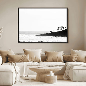 40875891-MGV-FC-36X24_Black-SurferCliffs Wall Art Canvas Print, Framed Black White Beach Art Picture Print, Ocean Waves Perfect Minimalist Coastal Decor