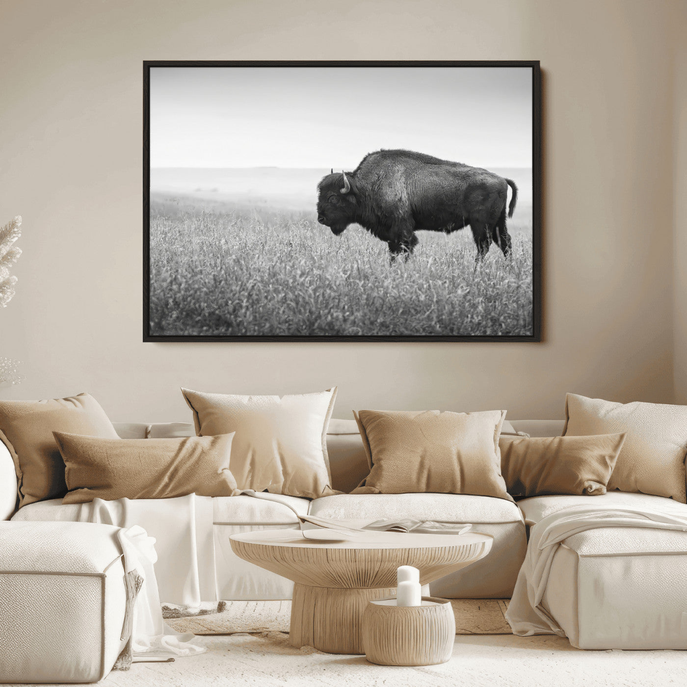 28435251-MGV-FC-36X24_Black-Bison In Prairie Wall Art Canvas Print, Framed Rustic Wildlife Art Picture Print, Wild Buffalo Perfect Rustic Western Decor