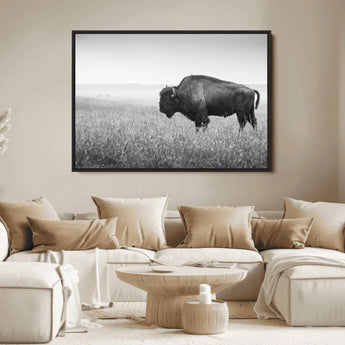 28435251-MGV-FC-36X24_Black-Bison In Prairie Wall Art Canvas Print, Framed Rustic Wildlife Art Picture Print, Wild Buffalo Perfect Rustic Western Decor